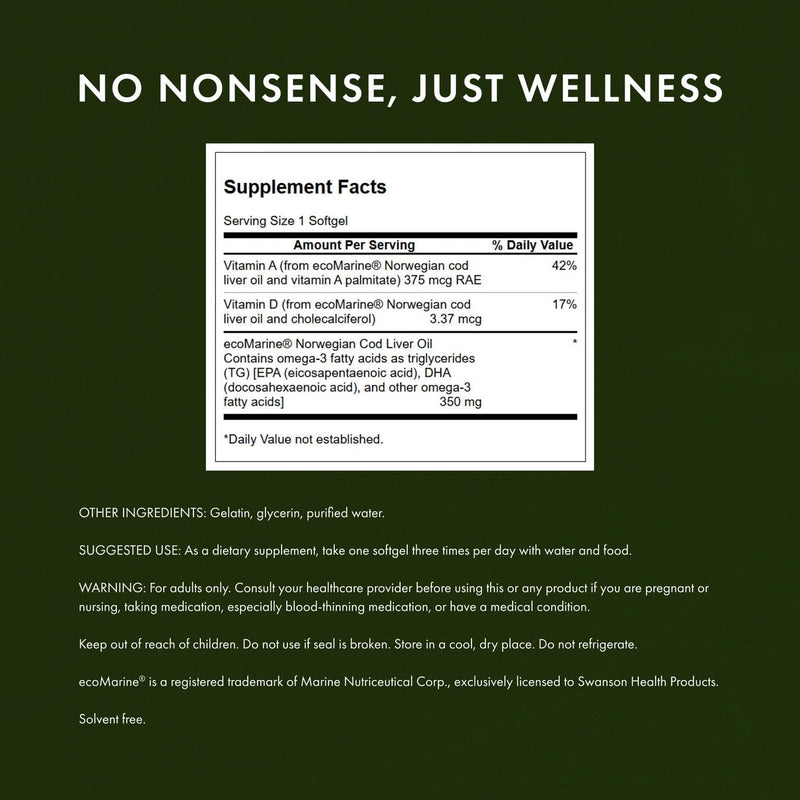 Swanson Cod Liver Oil - Wellness Supplement Promoting Bone, Skin Health, Vision Support & Immune System Function w/High Absorption Vitamin A - (180 Softgels, 350mg Each) | Supports Bone, Skin, Eye and Immune Health with Highly Absorbable Cod Liver Oil ...