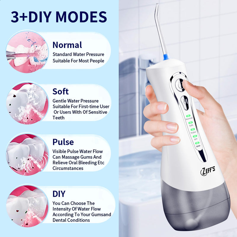 Zeff's Dental Water Flosser for Teeth Cleaning – 320ml Detachable Tank, IPX7 Waterproof, Rechargeable Battery, 360° Nozzle, Portable Oral Irrigator with 5 Tips & Travel Bag