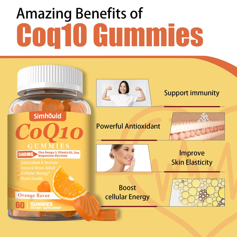 3 Packs CoQ10 500MG Gummies - Plus Omega-3, Magnesium, Vitamin B3 & Zinc - 3X Better Absorption Coenzyme Q10 Supplements for Heart Health, Cellular Energy & Antioxidant, Non-GMO 180 Counts 60 Count (Pack of 3)