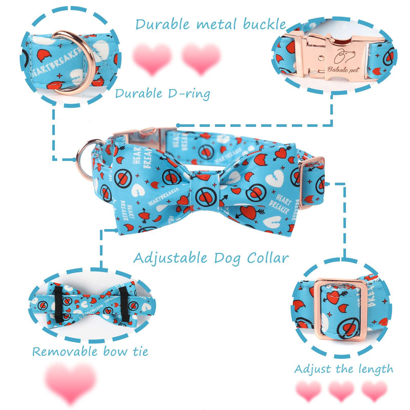 Valentine's Day Dog Collar with Bowtie, Blue Heart Dog Collar with Bow, Cute Loving Heart Printed Collar with Metal Buckle Adjustable for Boys&Girls Dogs, Medium Medium(Pack of 1) Bowtie-heartbreaker - BeesActive Australia
