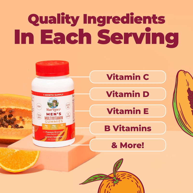 MARYRUTH'S Men's Multivitamin Gummies, Energy Metabolism, Vegan, 60 Count | Vitamin A, C, D, E, B6, B12, Biotin, Zinc, Energy Metabolism, Immunity, Bone Health, Cellular Health Papaya Orange 60 Count (Pack of 1)