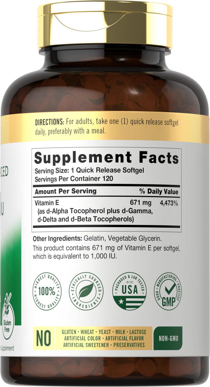 Carlyle Vitamin E Plus Mixed Tocopherols | 1000 IU (671mg) | 120 Softgels | Non-GMO and Gluten Free Formula | Naturally Sourced Vitamin E Supplement 120 Count (Pack of 1) - BeesActive Australia