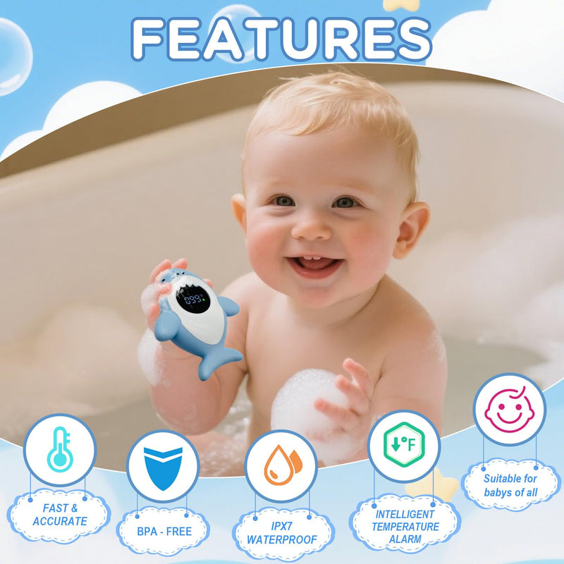 Baby Bath Thermometer Safety, Fahrenheit Instant Read Water Thermometer with LED Display Temperature Warning, Baby Bath Floating Toy for Infant, Newborn Blue Shark - BeesActive Australia