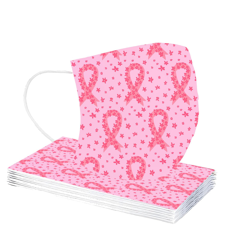 50 Pack Pink Ribbon Disposable Face Mask - Commemorative Breast Cancer Awareness Masks for October Love Your Breast Day Events & Charity Walks
