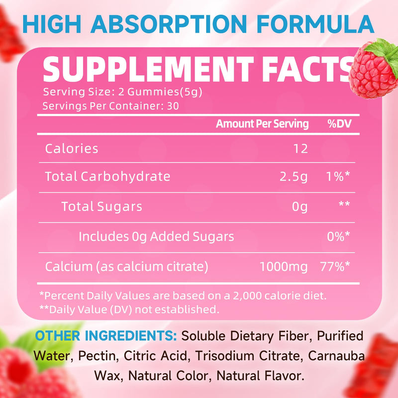 2 Pack Calcium Citrate Gummies, Sugar Free Calcium Citrate 1000mg for Muscle Healthy, Absorption Calcium Supplements for Adults & Kids, Raspberry, 120 Count 120 Count (Pack of 1)