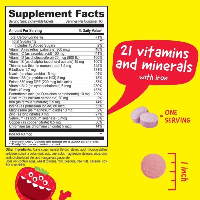 Kids Multivitamin with Iron & Minerals Chewable Tablets - Mixed Fruit Flavor - Vegetarian, GMO-Free, Nut Free - Dietary Supplement - Digestive Support for Children - 120 Chewables 120 Count (Pack of 1)