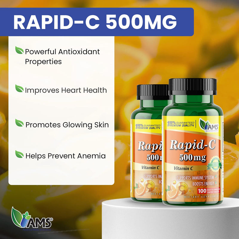 America Medic & Science Rapid-C 500mg Vitamin C Supplement (2 Pack of 100 Tablets) Energy Booster, Daily Immune System Support, Antioxidant | Vegan, Non-GMO Coated Ascorbic Acid for Adult Men & Women 100 Count (Pack of 2)