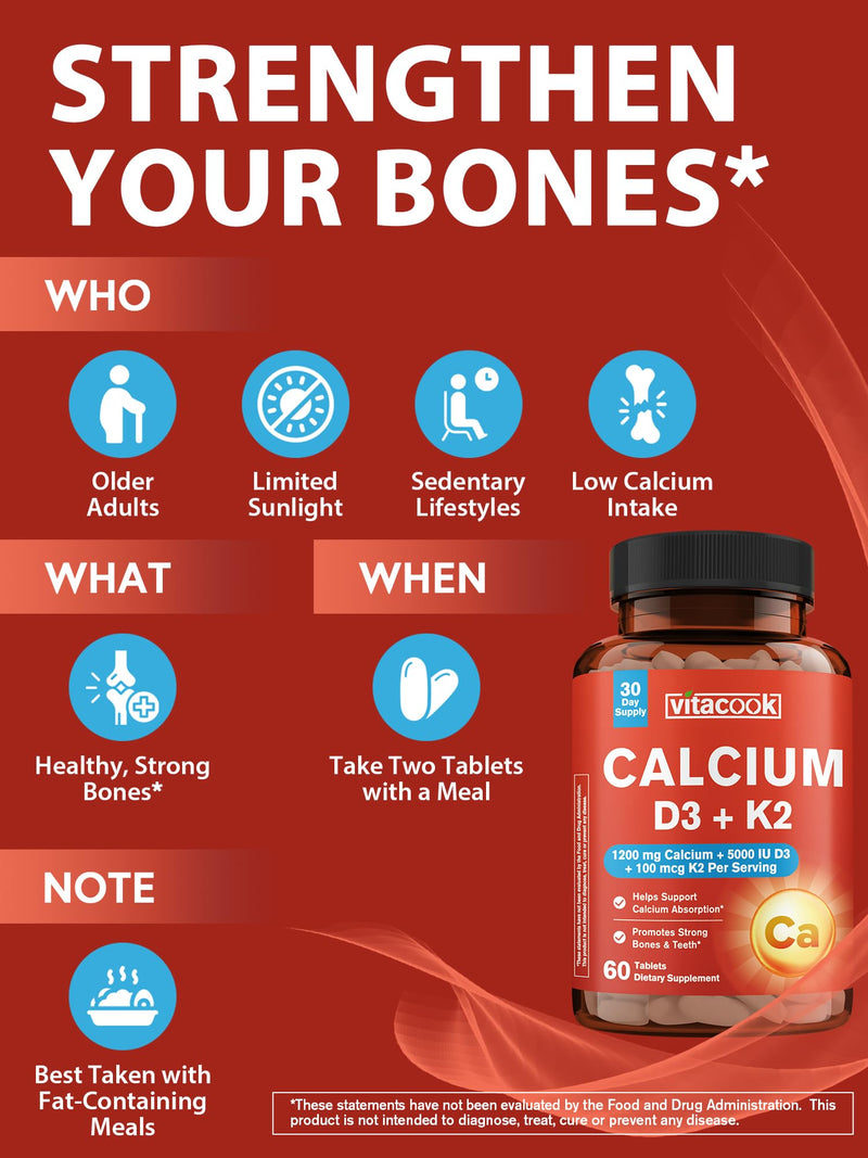 Calcium Supplements for Women & Men, 1200 mg with Vitamin D3 K2, 5000 IU D3, 100 mcg MK-7, Non-GMO, for Calcium Absorption, Strong Bones & Teeth, Heart & Immune Health, 60 Tablets