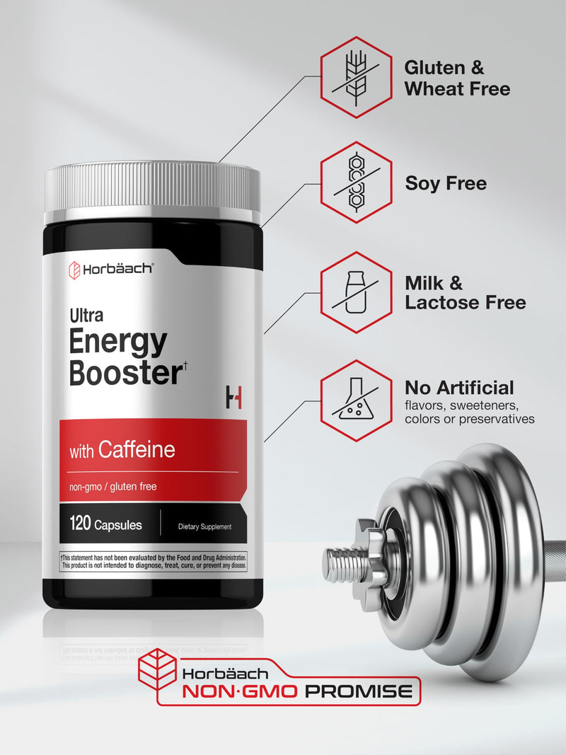 Horbäach Energy Supplement | 120 Capsules | with Caffeine, Ginseng & Vitamin B12 | Daily Energy Booster Pills | Non-GMO, Gluten Free