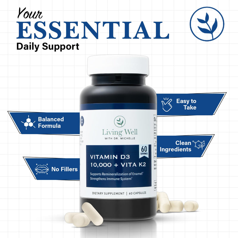 Living Well Dr. Michelle Vitamin D3 10,000 IU with K2, 60 Capsules | Supports Immune, Bone and Teeth Health - Non-GMO, Gluten-Free, Dairy-Free, 60-Day Supply
