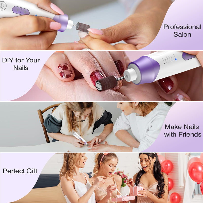 Professional Electric Nail Drill 2000mAH Portable Cordless Electric Nail File 10 in 1 Manicure Pedicure Kit ,5-Speeds Toe Nail Tools Hand Foot Care,Thick Toenail Grinder for Women Men Pets (Purple) Purple - BeesActive Australia