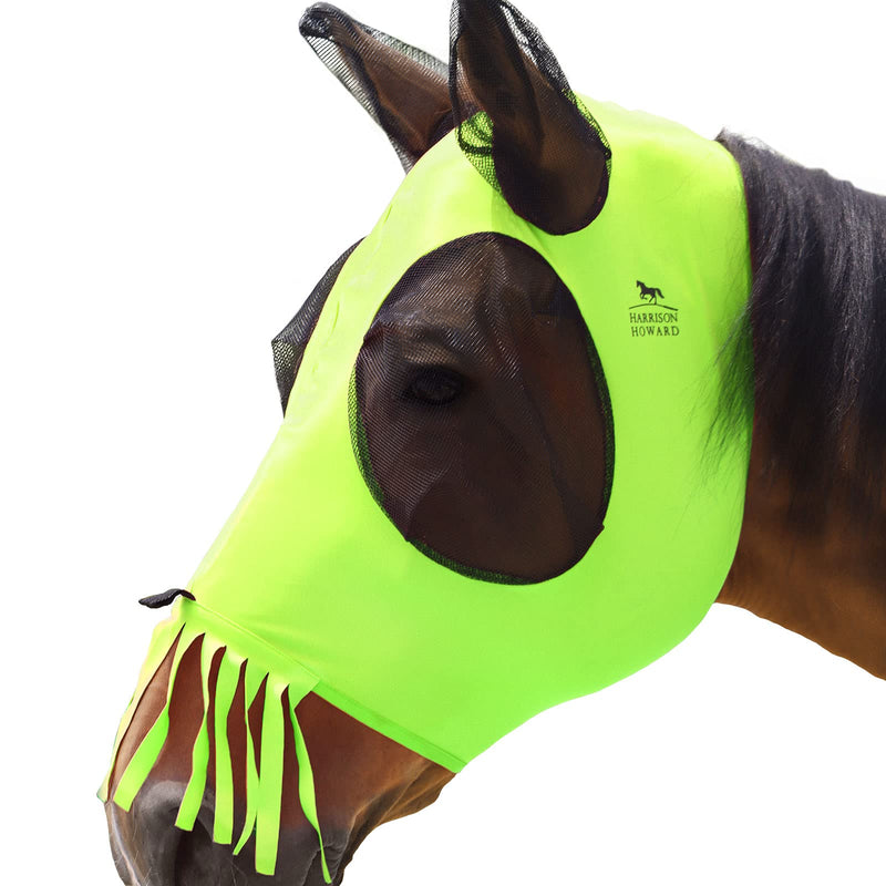 Harrison Howard Superior Comfort Breathable Fly Masks Soft on Skin with Tassels Natural Nose Swatter Full Size (Large) Tassel Fringe-Fluro-Lime - BeesActive Australia