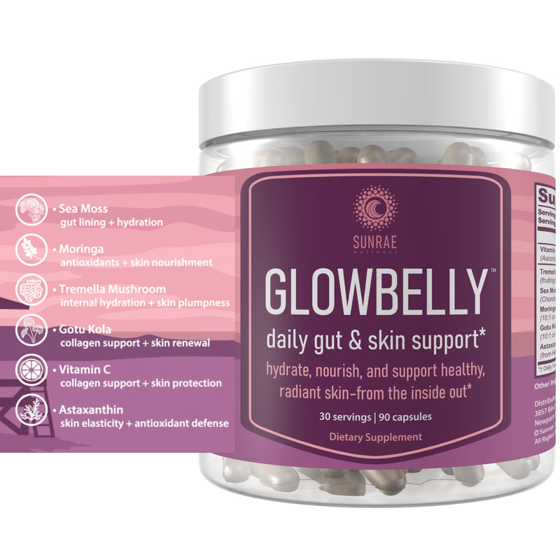 Sunrae Glowbelly Beauty Supplement with Sea Moss, Astaxanthin, Moringa, & Vitamin C for Glowing Skin, Hydration, Healthy Aging & Gut Health – 90 Capsules