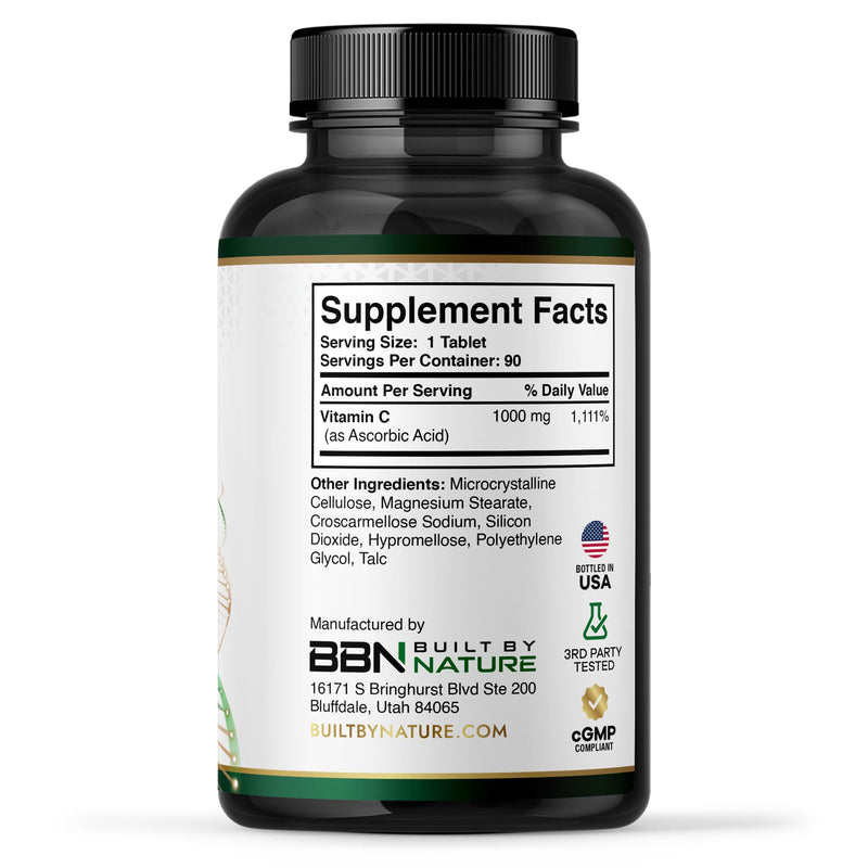 Built by Nature Vitamin C 1000mg Immune Support Supplement - 90 Tablets | High Potency, Antioxidant for Women & Men, Supports Energy, Skin & Collagen