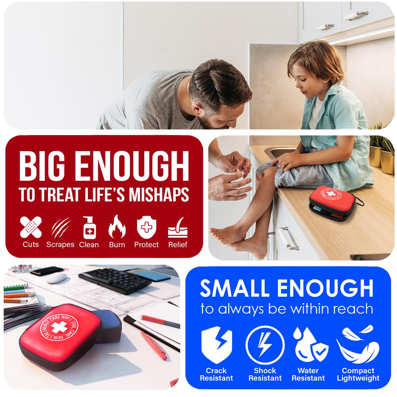 EVERLIT CARE Mini-Aid First Aid Kit | Compact & Lightweight Case with Carabiners for Travel | Family & Kid Friendly 180 Pcs Wound Care Supplies for School, Work, Outdoor, Home & Office | Pack of 3