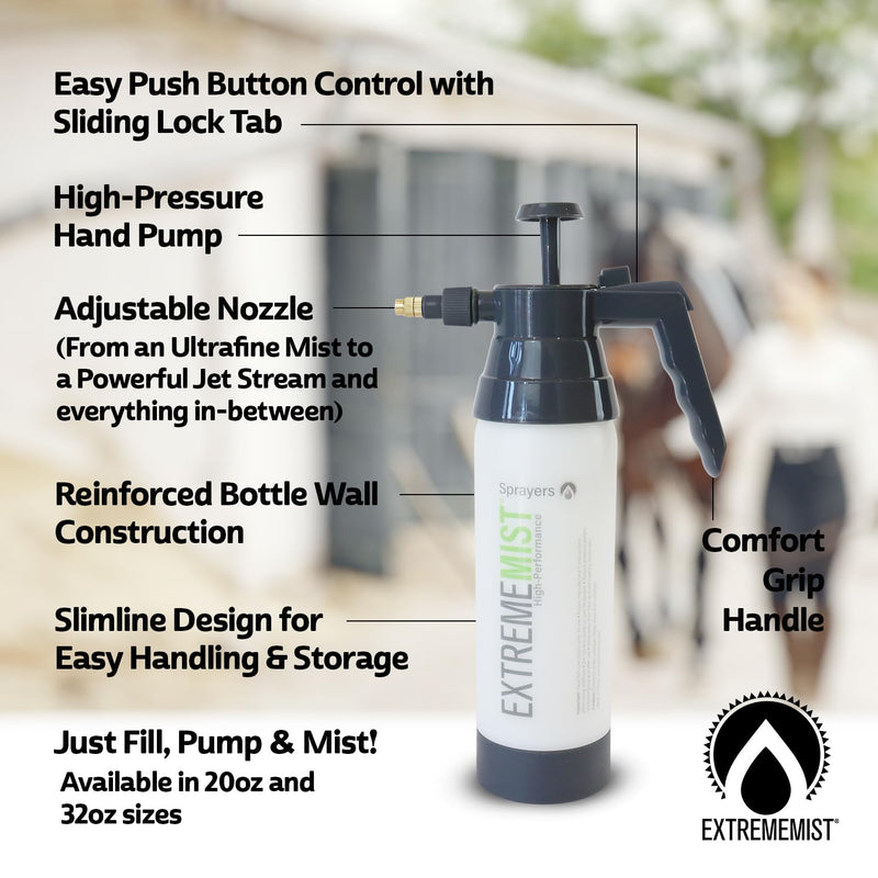 ExtremeMIST High-Performance Equine Mister, Handheld Pump Sprayer, Portable Stable Sprayer Bottle for Horses, Continuous Hi-Pressure Ultra-Fine Mist, for Horse Grooming w Water based Fly Sprays, 20 Oz 20oz - PawsPlanet Australia