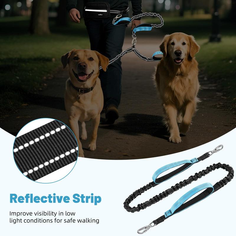 VavoPaw Hands Free Dog Leash for 2 Dogs with Pouch, Waist Leash for Dog Walking, Jogging, Hiking, Retractable Leashes with Dual Padded Handles, Adjustable Reflective Belt for Small, Medium, Large Dogs Black/Blue 2 Leashes - BeesActive Australia