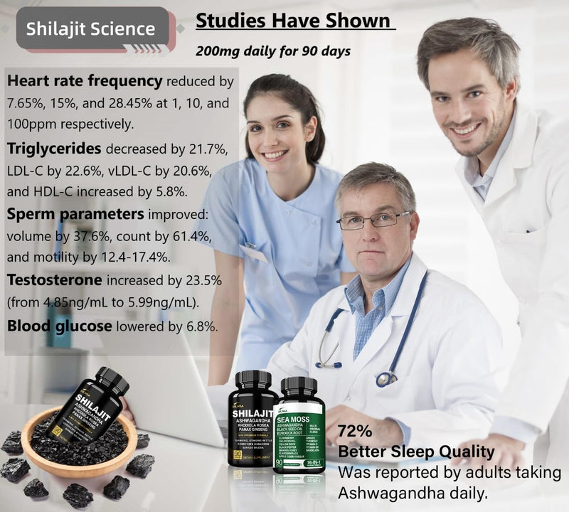 Shilajit 9000mg, Sea Moss 17500mg, Ginger & Black Seed Oil 4000mg, Ashwagandha 5000mg, Rhodiola Rosea, 1000mg Panax Ginseng 1500mg, All in 1 Supplement - Sea Moss & Shilajit Vitality Bundle - BeesActive Australia