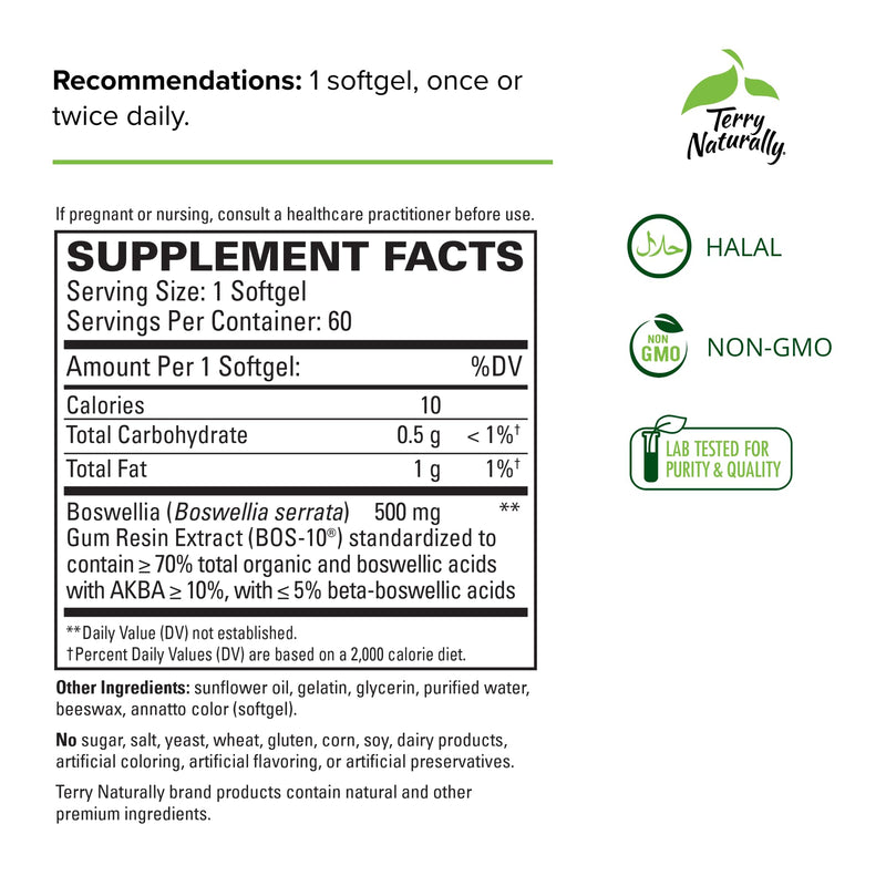 Terry Naturally BosMed 500 mg - 60 Softgels - Extra Strength Boswellia Supplement - Non-GMO, Gluten Free - 60 Servings 1 - BeesActive Australia