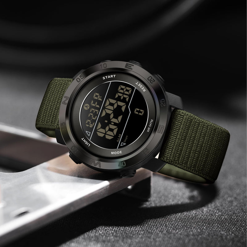findtime Mens Digital Sport Watch Pedometer Step Counter Watches Military Minimalist Waterproof Tactical Outdoor Army Wrist Watch Dual Time Led Countdown Stopwatch Alarms Nylon Strap, No App Green