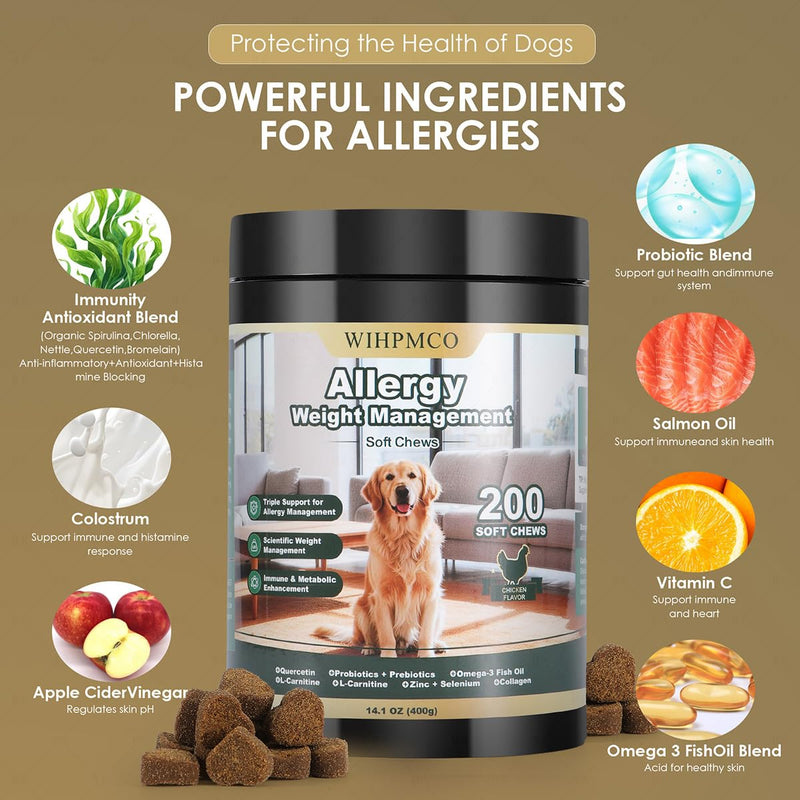 Dog Allergy Chews, Itchy Skin Relief for Dogs & Immune Support Anti Itch Probiotics for Yeast, Itchy Ears, Vitamins for Seasonal Allergies, Gut Health, Chicken 200 Chews