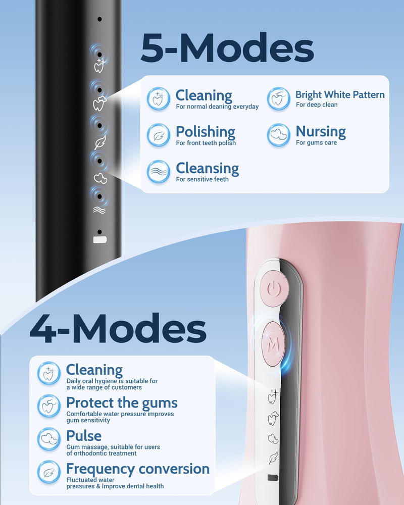 Electric Toothbrush Water Flosser Adults, Sonic Electric Toothbrush and Electric Floss for Adults and Kids, Water Dental Picks, Cleaning and Flossing Dental Care, Waterproof Pink-1