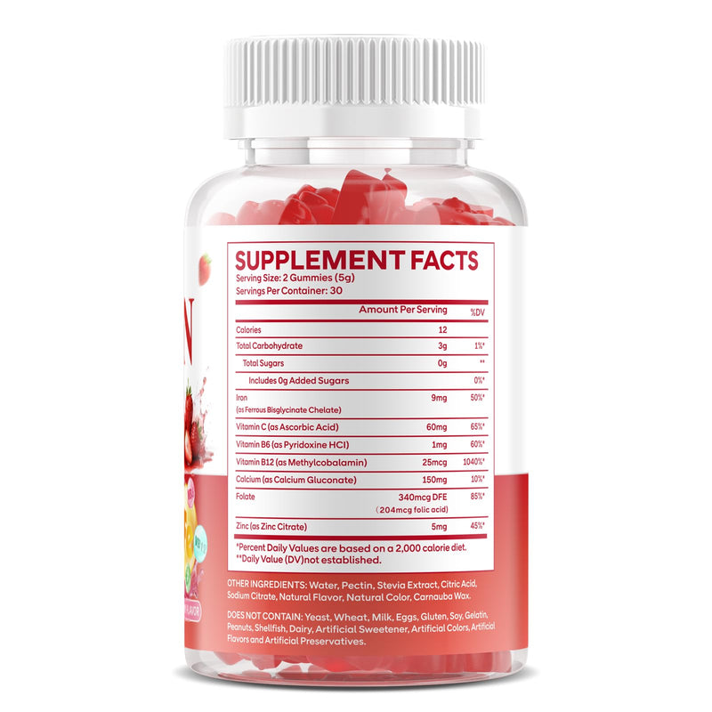 Sugar Free Iron Gummies for Energy Support, 60 Count | Formulated with Folate, Zinc, Vitamin C, B12 & B6, Vegan Supplement, Gentle on Stomach, Strawberry Flavor 60 Count (Pack of 1)