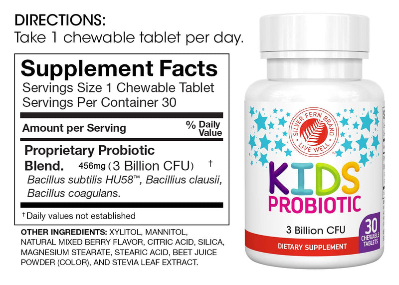 Silver Fern Brand Kids Ultimate Probiotic - 2 Bottles - 30 Chewable Tablets Each - Sugar & Gluten Free - Children's Dietary Supplement - DNA & Survivability Verified - Digestive & Immune Support 2 Bottles (30 Count Each)