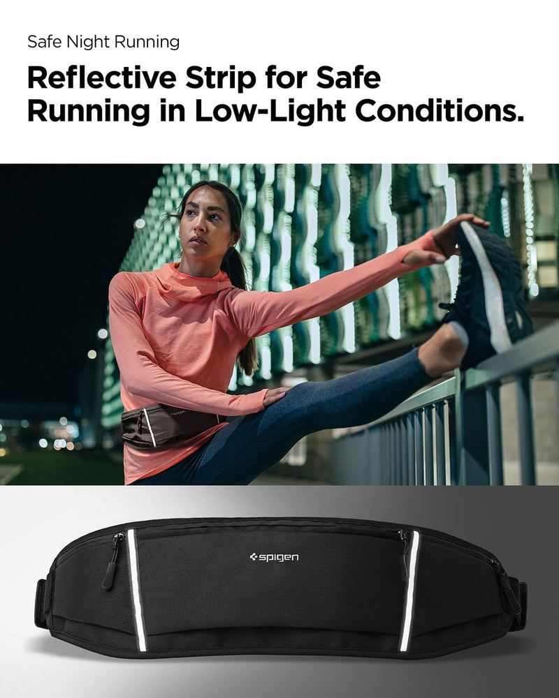 Spigen Life A710 Dynamic Shield Slim Running Adjustable Waist Belt Fanny Pack for Men & Women, Phone Holder, Lightweight, Water Resistant, Reflective, Bounce-free for Running, Jogging, Sports - Black