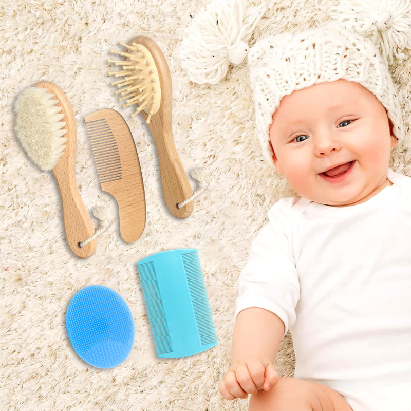 Wooden Natural Goat Bristle Brush and Cradle Cap Comb Set - 5 in 1 Baby Grooming Kit for Newborns, Toddlers, Boys, and Girls (Blue) 5 Brush and Comb Set Wood+Blue+Blue - BeesActive Australia