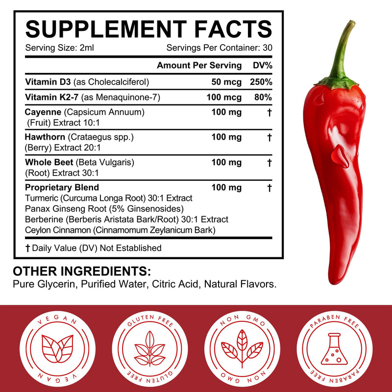 Cayenne Pepper Drops, 60ml Cayenne Pepper Supplement for Digestion, Circulatory Heath Support, Boosts Metabolism, with Hawthorn, Vitamin K2 D3 Beet Root, Turmeric-2 Fl Oz