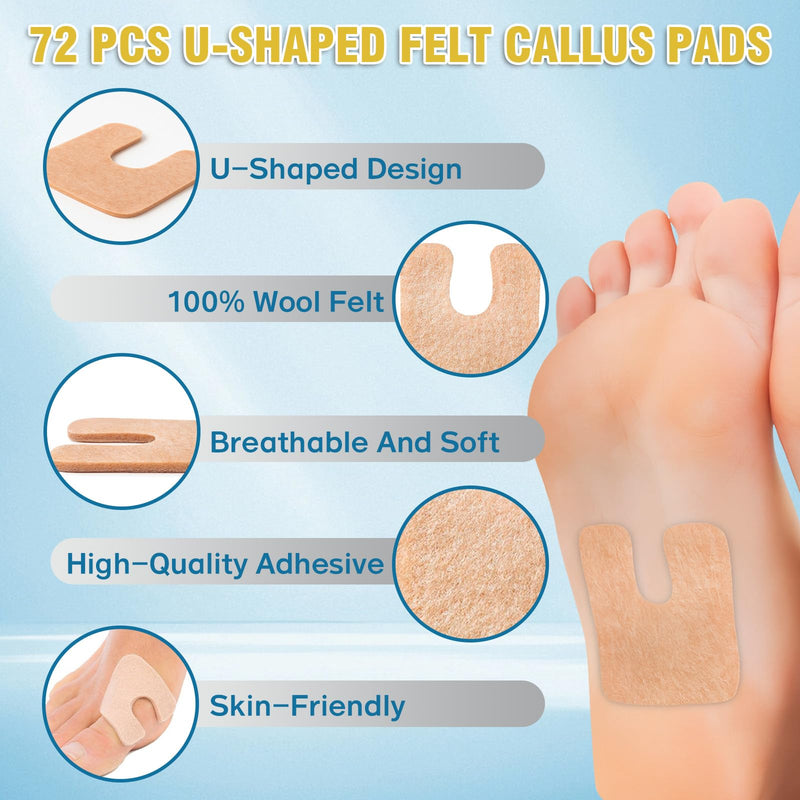 72 Pcs U-Shaped Callus Pads for Feet, Callus Cushions for Bottom of Foot, Self Adhesive Felt Foot Metatarsal Corn Pads for Relieve Heel and Forefoot Pressure, Foot Pain Relief for Men and Women 72 Pcs - BeesActive Australia