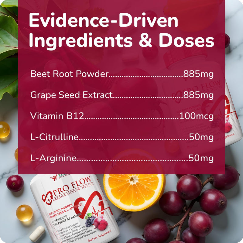 Pro Flow Circulation Support Supplement – 90 Beet Root Capsules with Grape Seed Extract, L-Arginine, Vitamins B12, beet root extract capsules, Blood Circulation Supplement - 90 Capsules