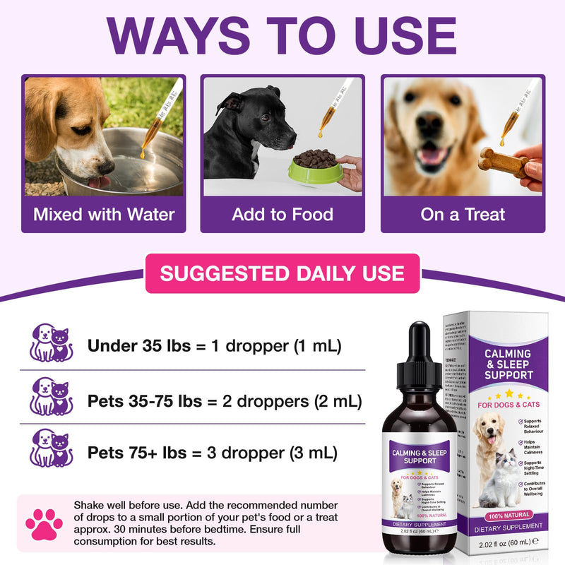 Pet Melatonin Drops 60ml for Dogs & Cats, Calming Liquid Supplement for Pets, Supports Relaxation & Healthy Sleep Cycles, Anxiety Relief for Travel, Fireworks & Stress, Easy Absorption Formula 1