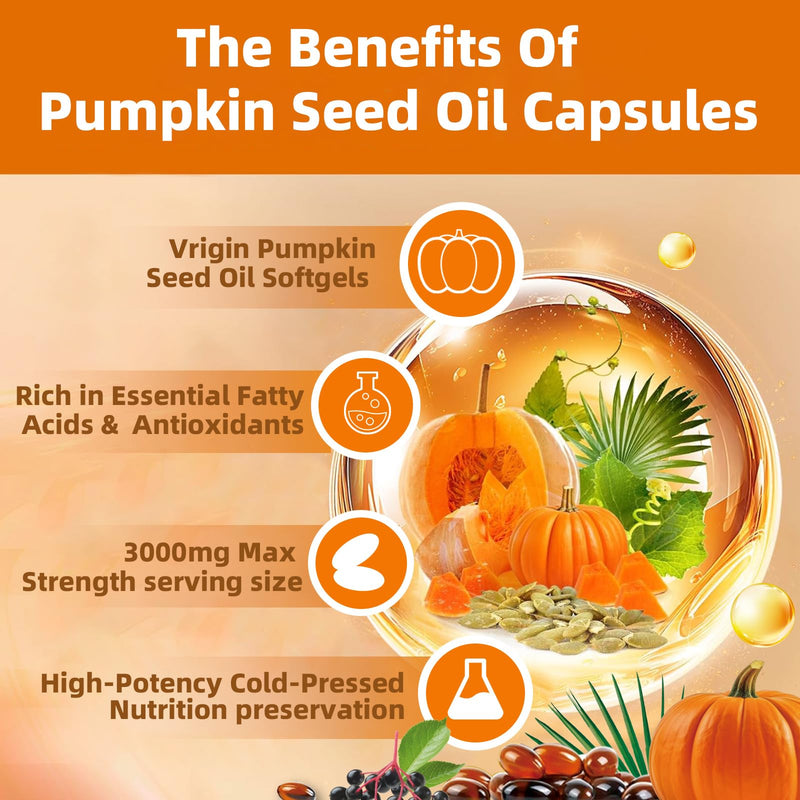 300 Capsules Cold Pressed Pumpkin Seed Oil with Saw Palmetto, Vitamin D3 & Elderberry – Virgin Oil, Supports Prostate, Hair & Urinary Health (Aceite de Semilla de Calabaza)