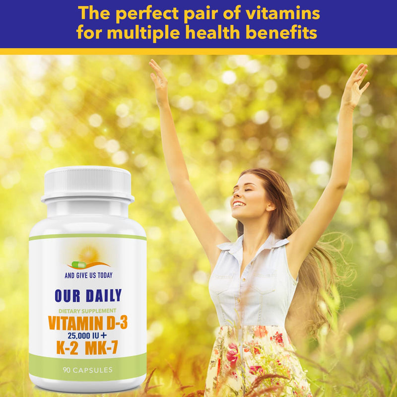 Our Daily Vites Vitamin D-3 25,000 IU + K2 - High Potency D3 with Vitamin K Bone, Immune, Mood + Cardiovascular Support Supplement