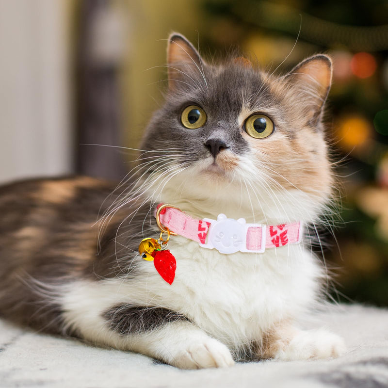 2Pcs Cat Collar with Bells, Breakaway Cotton Kitten Collars for Girl Cats, Pink Cute Cat Outfit Accessories with Strawberries and White Heart Shaped Pendant - BeesActive Australia