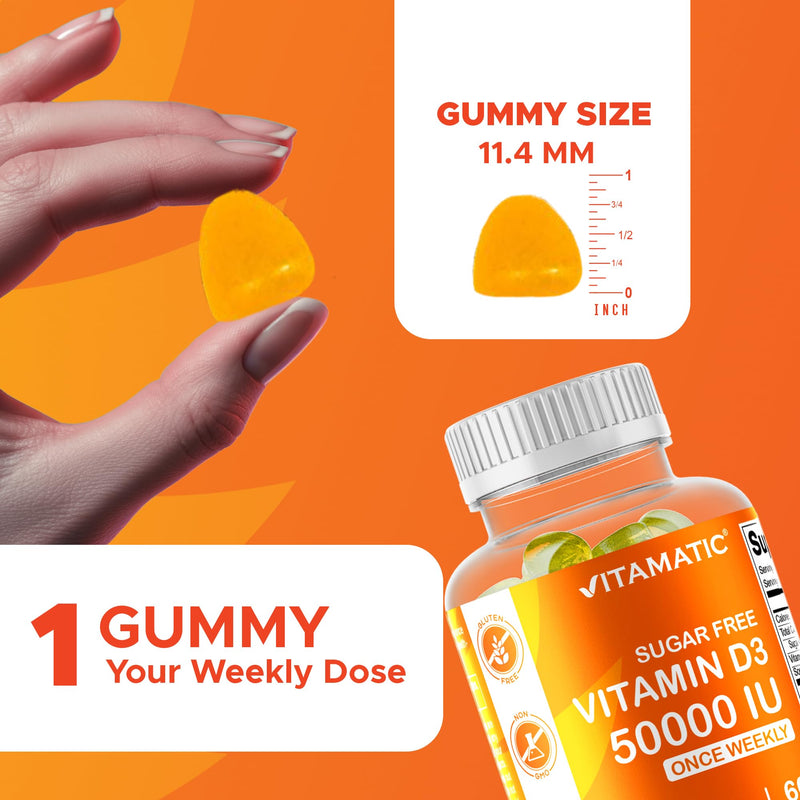 Vitamatic Vitamin D3 50,000 IU, 60 Natural Orange Flavor Gummies | 1250 mcg Cholecalciferol, Once Weekly Serving, Gluten Free, Non GMO 60 Count (Pack of 1)