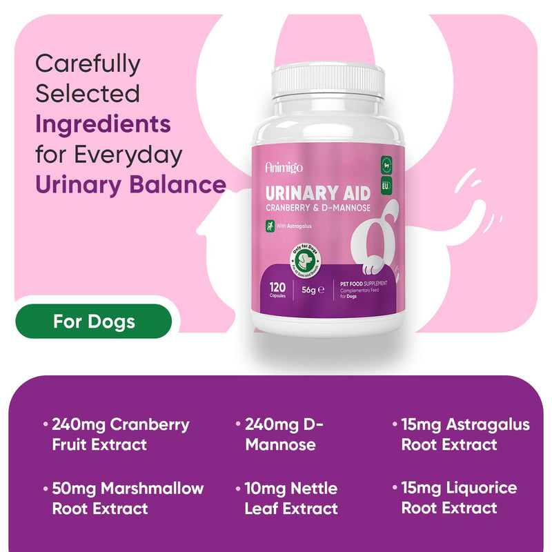 Urinary Aid for Dogs 570mg - 120 Capsules - Added With D-Mannose, Cranberry, Astragalus Root, Liquorice Root Powder & Nettle Leaf Extract - For all Ages, Sizes & Breeds - Non-GMO & Gluten-Free