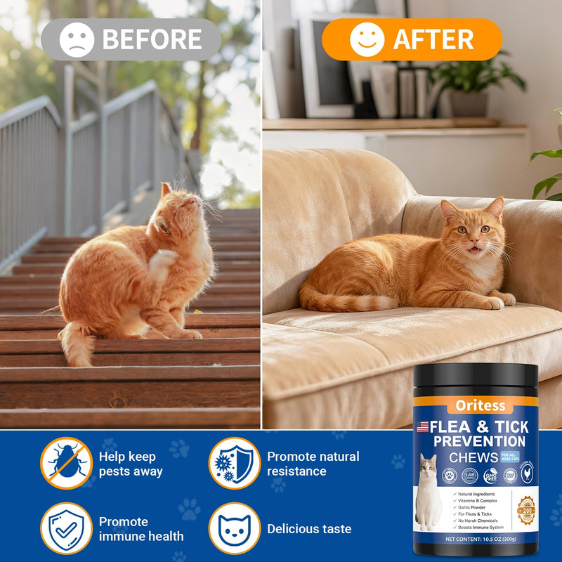 Flea and Tick Prevention for Cats Chewable, 200 Natural Soft Chews,Flea Supplement for Kitten Cat, Skin & Coat Support for Cats All Breeds & Ages - Chicken Flavor 200Soft Chews