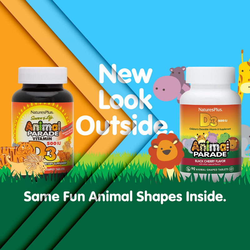 NaturesPlus Animal Parade Vitamin D3 Children’s Chewables - Black Cherry Flavor - 90 Animal-Shaped Tablets, Pack of 2 - Gluten Free, Vegetarian, Hypoallergenic - 180 Total Servings 90 Count (Pack of 2)