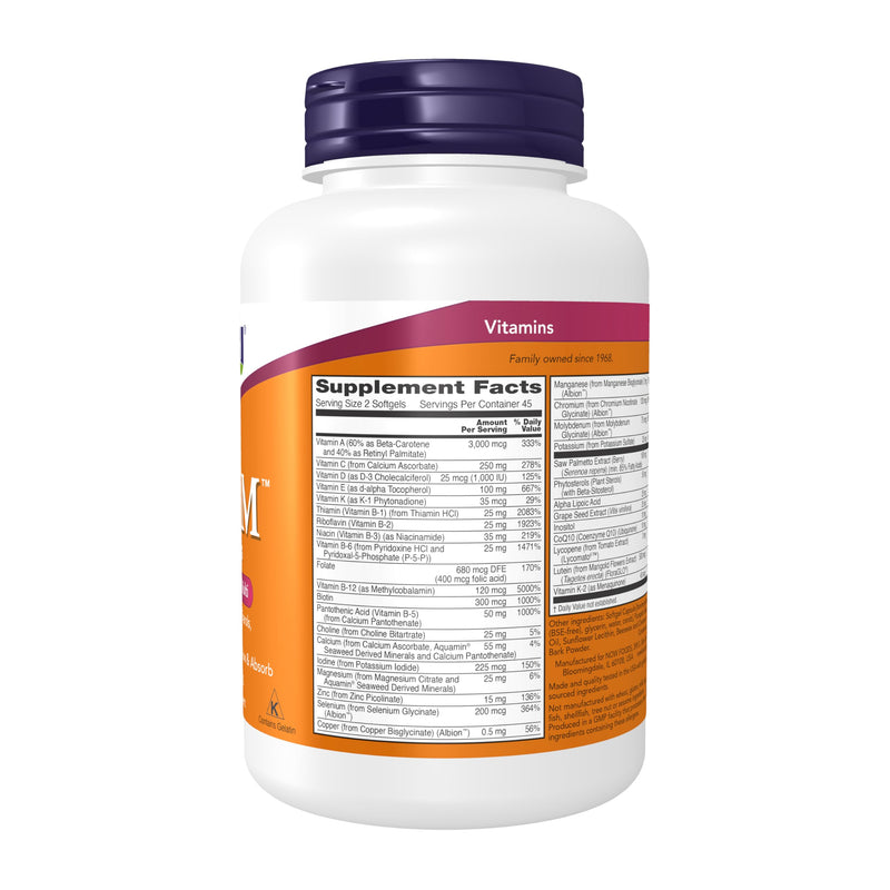 NOW Supplements, ADAM™ Men's Multivitamin with Saw Palmetto, Plant Sterols, Lycopene & CoQ10, 90 Softgels 90 Count (Pack of 1)