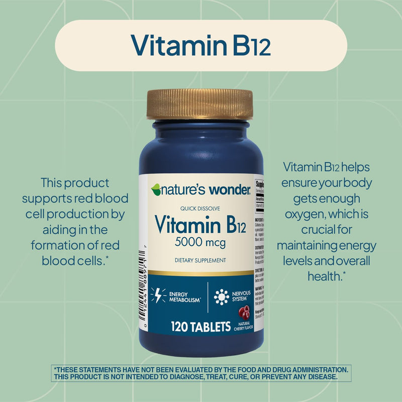 Nature's Wonder Vitamin B12 5000 mcg Quick Dissolve Tablets, High Potency B12 Supplement for Energy Metabolism, Nervous System & Red Blood Cell Support, 120 Tablets, 120 Day Supply