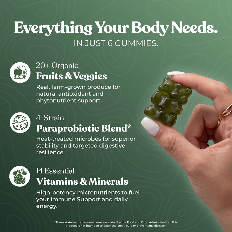 O H Optimal Human Adult Green Gummies, Superfood Greens & Probiotics, 30 Ct | Adult super greens gummies with a 4-strain paraprobiotic for daily greens, fruits & gut support, no powder needed