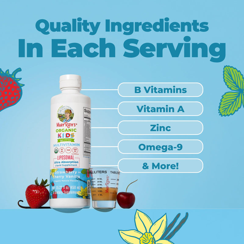 MARYRUTH'S Organic Kids Multivitamin Liposomal, 15.22 oz, Immune Support | Sugar Free, Immune Support, Bone Health, Cognitive Health, Overall Wellness