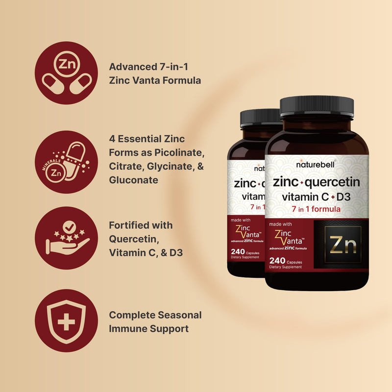 NatureBell Zinc Quercetin with Vitamin C & D3, 480 Capsules (2 Pack) | Quercetin 1,000mg + Zinc 50mg + Vitamin C 250mg + Vitamin D3 5,000 IU | 4-in-1 Advanced Immune & Lung Support | ZincVanta Formula 240 Count (Pack of 2)
