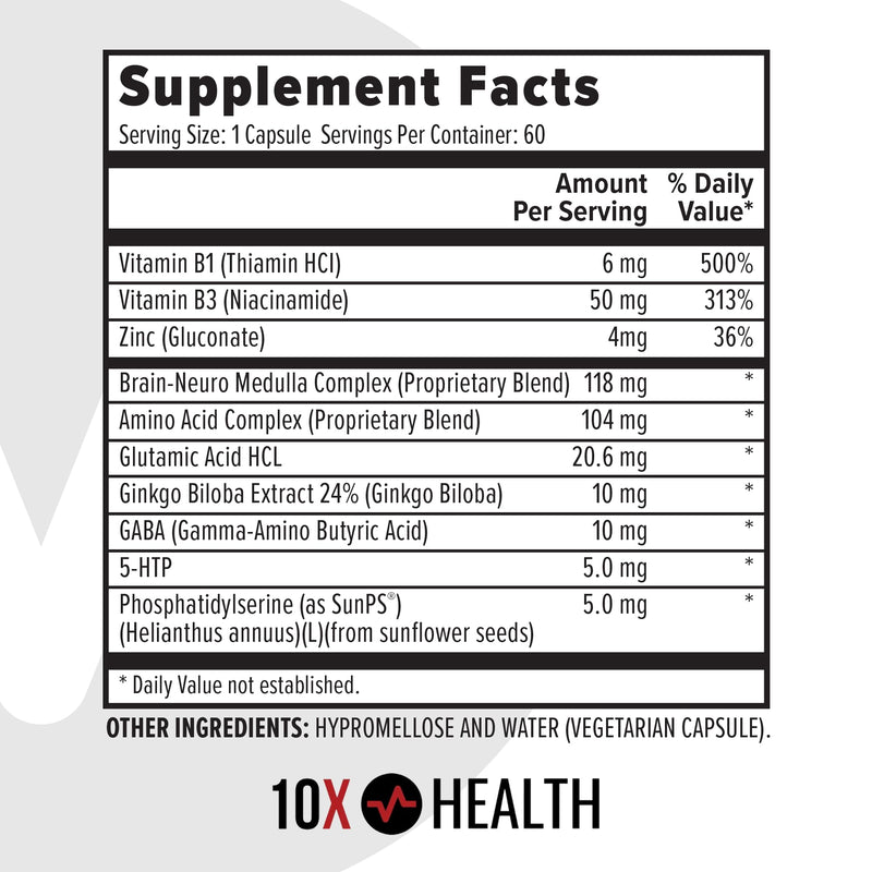 10X Health Brain Supplements for Memory and Focus - 60 Capsules | Ginkgo Biloba: Vitamin B1 & B3, Nootropic Brain & Memory Support, 60 Capsules