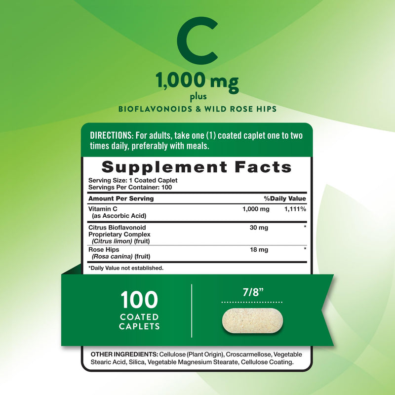 Nature's Truth Vitamin C Bioflavonoids & Rose Hips | 1000mg | 100 Caplets | Vegan, Non-GMO and Gluten Free Supplement