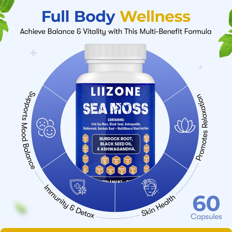 Complex Sea Moss Capsules with Ashwagandha, Turmeric & Vitamin C - Black Seed Oil Capsules for Immune Support, Joint & Gut Health - 60 Count for Daily Wellness