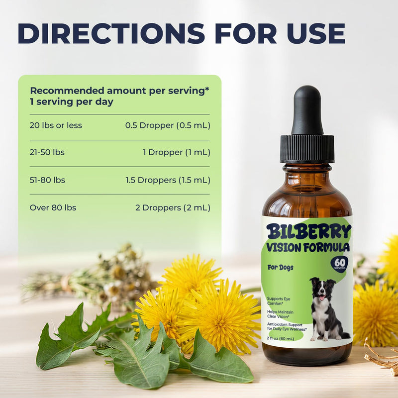 Bilberry Advanced Vision Formula for Dogs, Bilberry Extract Liquid Drops, Dog Eye Health Supplement, Supports Clear Vision & Eye Comfort with Antioxidant Support, Easy to Add to Food, 2 fl oz